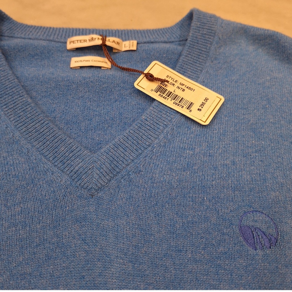 New Peter Millar V-Neck Sweater Mens L Blue 100% Pure Cashmere MF14S01 Orig $295